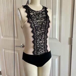 Beige Bodysuit with Black Eyelash Lace